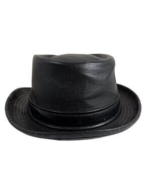 Vintage Henschel Black Leather Fedora Hat XL Made In USA - READ